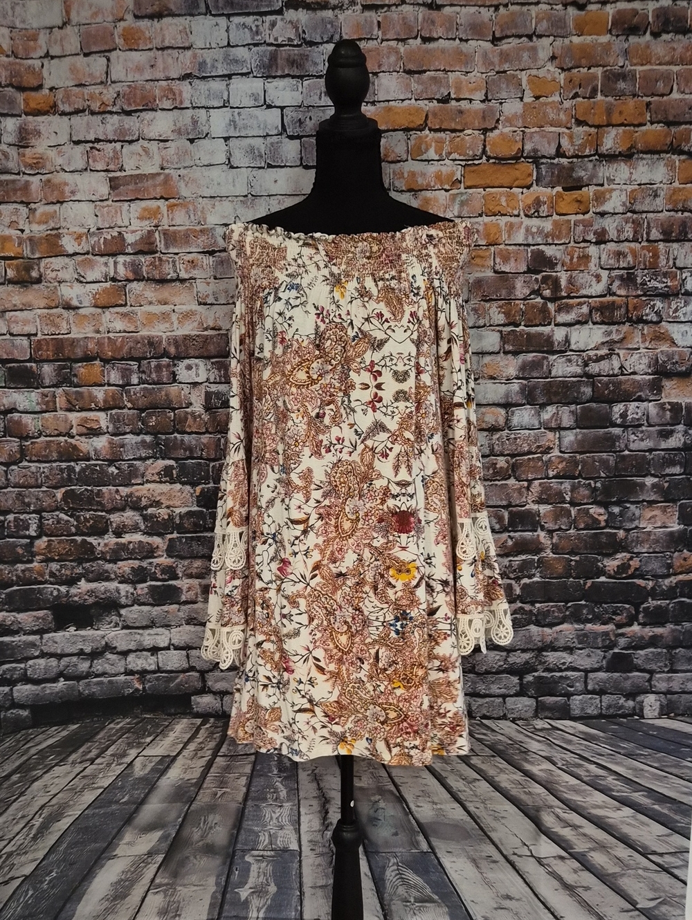 Lapis Cream Boho Off-Shoulder Paisley Dress with Brown Floral Print